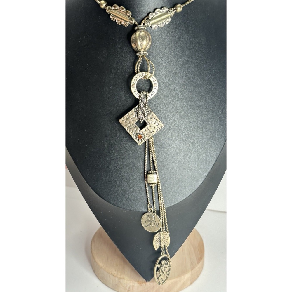 Charm Necklace 26" Cupid Angel Love Leaf 8" Tassel Boho Antique Gold Tone